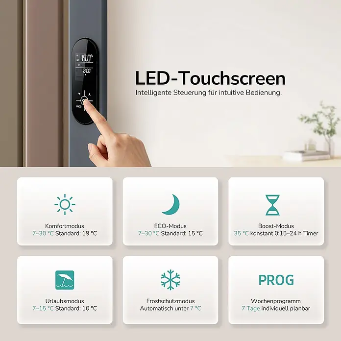 Elektro-Badheizkörper PCFR -  - LED-Touchscreen-Steuerung, die bedient wird und Temperatur und Uhrzeit anzeigt. Sechs Modi wie Komfort, Eco und Wochenprogramm werden unten beschrieben.