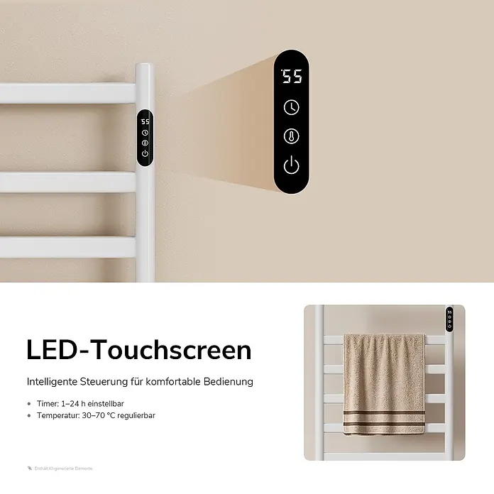 Elektro-Badheizkörper PFLR1 1000 × 530 × 260 mm Weiß -  - Weißer beheizter Handtuchhalter mit integriertem LED-Touchscreen für Temperatur- und Timer-Einstellungen.