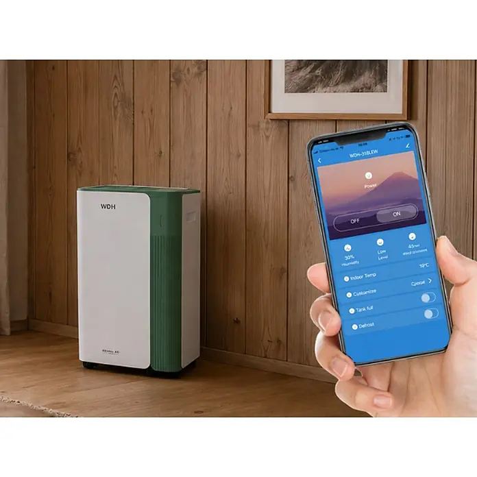 WDH Luftentfeuchter WDH-118LEW - für 40m² - 20 Liter/Tag -  - Ein weiß-grüner Luftentfeuchter (WDH WOH-318LEW), der über eine Smartphone-App gesteuert wird.