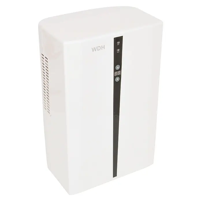 WDH Mini-Luftentfeuchter WDH-898MD - für 20m² - 750ml/Tag -  - Weißer rechteckiger Luftentfeuchter mit schwarzem Bedienfeld, Digitalanzeige und 'WDH'-Logo.