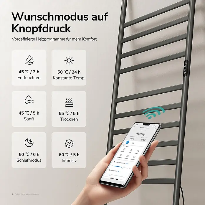 Elektro-Badheizkörper PFLR2 1600 × 550 × 32 mm Gunmetal -  - Dunkelgrauer elektrischer Handtuchwärmer im Leiterdesign, gesteuert über eine Smartphone-App mit Heizprogrammen.