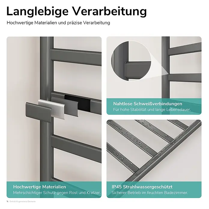 Elektro-Badheizkörper PFLR2 1600 × 550 × 32 mm Gunmetal -  - Grauer Handtuchwärmer mit mehrschichtigem Rostschutz, nahtlosen Schweißnähten und IP45 Strahlwasserschutz für langlebigen Badgebrauch.