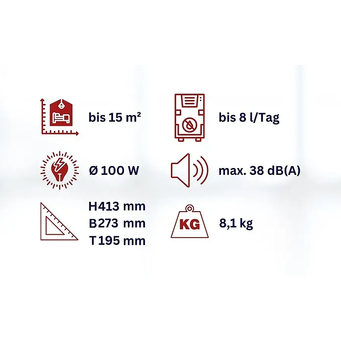 WDH Luftentfeuchter WDH-106LE - für 15m² - 8 Liter/Tag -  - Produktspezifikationen: bis 15m², 8L/Tag, 100W, 38dB(A), H413 B273 T195 mm, 8,1 kg.