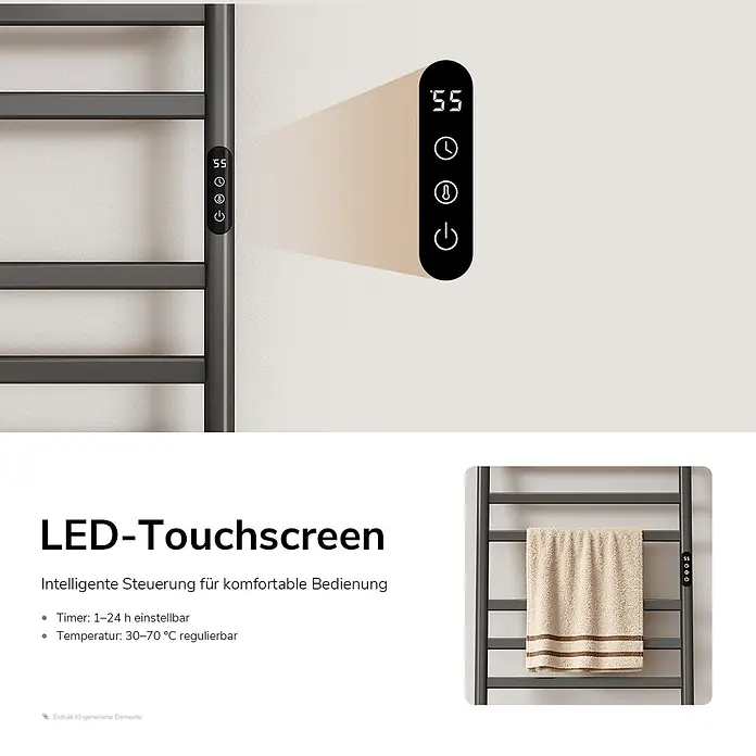 Elektro-Badheizkörper PFLR2 1600 × 550 × 32 mm Gunmetal -  - Dunkelgrauer elektrischer Handtuchwärmer mit LED-Touchscreen zur intelligenten Steuerung, Temperatur- und Timerfunktionen anzeigend.