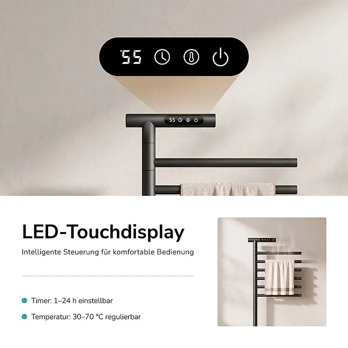 Elektro-Badheizkörper PCR2 1000 × 539 × 350 mm Mattschwarz -  - Schwarzer elektrischer Handtuchwärmer mit LED-Touchdisplay für Temperatur- und Zeiteinstellung, der ein Handtuch trocknet.