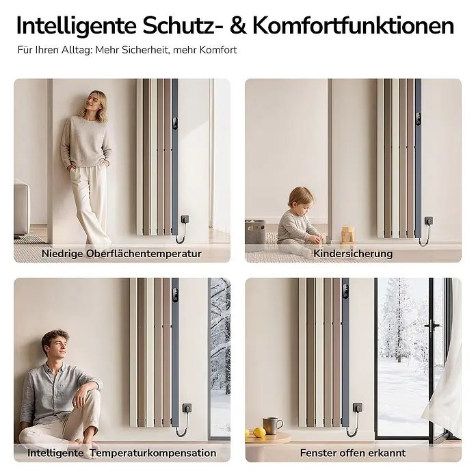 Elektro-Badheizkörper PCFR -  - Vier Szenen zeigen einen modernen vertikalen Heizkörper mit intelligenten Schutz- und Komfortfunktionen wie niedriger Oberflächentemperatur, Kindersicherung und Fenster-offen-Erkennung.