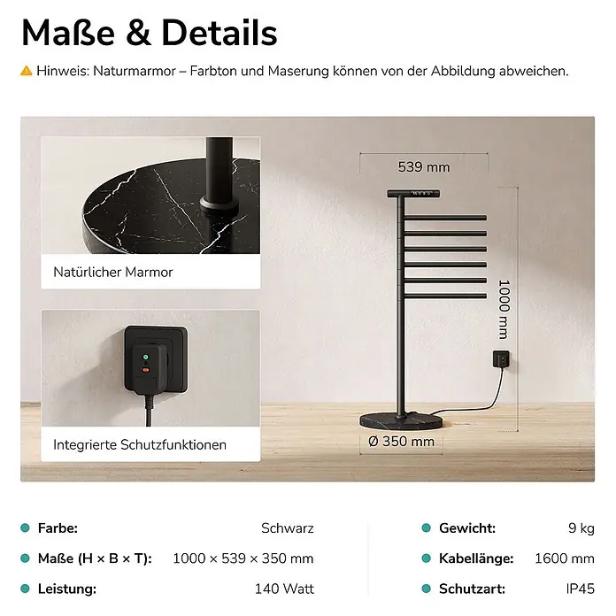 Elektro-Badheizkörper PCR2 1000 × 539 × 350 mm Mattschwarz -  - Schwarzer freistehender elektrischer Handtuchwärmer mit Naturmarmor-Sockel.