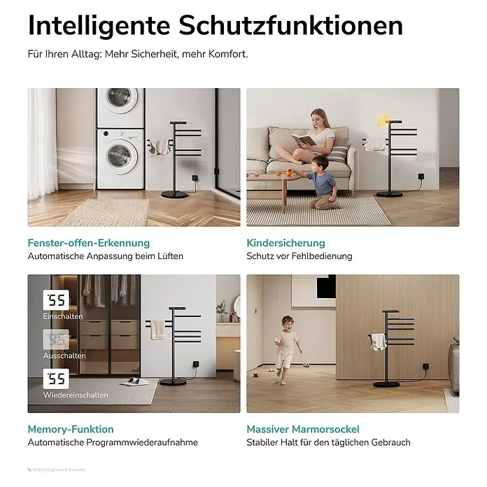 Elektro-Badheizkörper PCR2 1000 × 539 × 350 mm Mattschwarz -  - Schwarzer freistehender smarter Handtuchwärmer in verschiedenen Heimszenarien, der Kindersicherung, Fenstererkennung und Memory-Funktion zeigt.