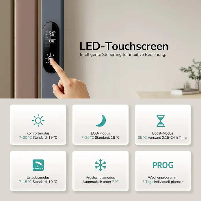 Elektro-Badheizkörper PCFR -  - LED-Touchscreen-Bedienfeld eines Heizkörpers mit Temperaturanzeige und intuitiven Betriebsmodi, bedient von einem Finger.