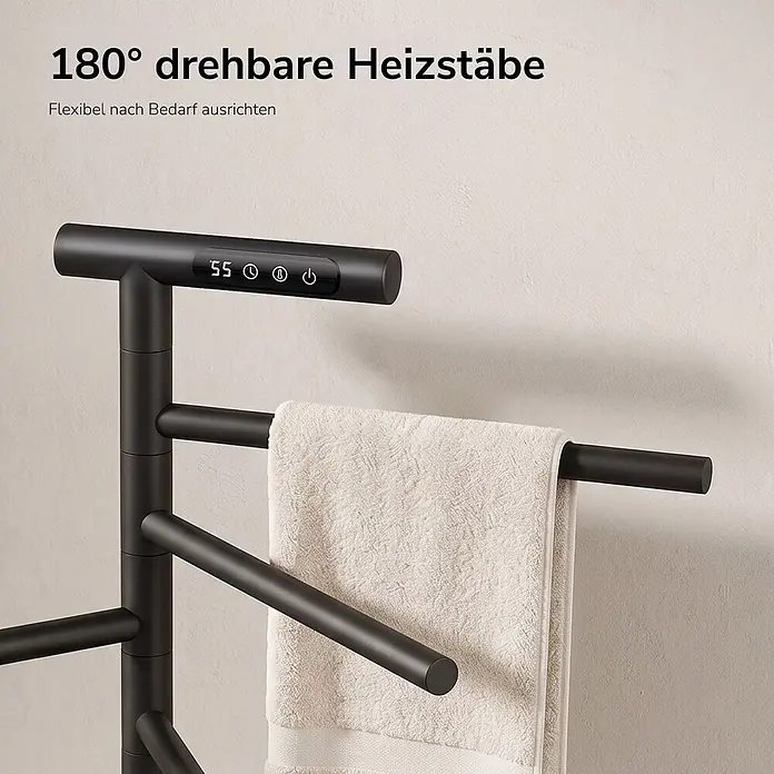 Elektro-Badheizkörper PCR2 1000 × 539 × 350 mm Mattschwarz -  - Schwarzer elektrischer Handtuchwärmer mit Digitalanzeige, 180° drehbaren Stangen und weißem Handtuch.