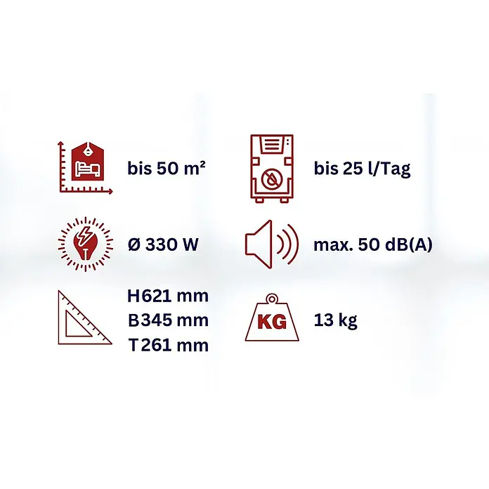 WDH Luftentfeuchter WDH-520EB - für 50m² - 25 Liter/Tag -  - Eine Übersicht technischer Spezifikationen mit Raumgröße, Entfeuchtungsleistung, Leistung, Geräuschpegel, Abmessungen und Gewicht.