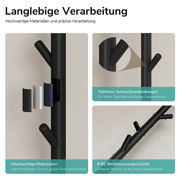 Elektro-Badheizkörper PHR 1500 × 320 × 320 mm Mattschwarz -  - Nahaufnahme eines schwarzen Mehrfachhaken-Racks mit nahtlosen Schweißnähten, robuster Rostschutzbeschichtung und IP45 Wasserschutz für das Bad.