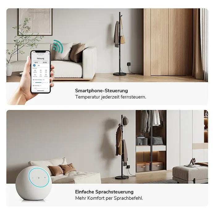 Elektro-Badheizkörper PHR 1500 × 320 × 320 mm Mattschwarz -  - Ein schwarzer smarter Garderobenständer mit integrierter Heizung, der per Smartphone und Sprachassistent gesteuert wird.