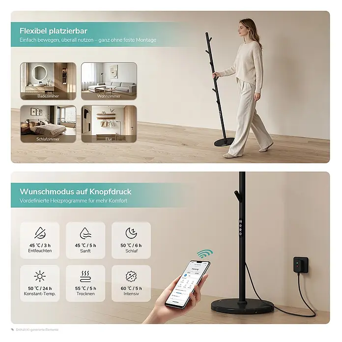 Elektro-Badheizkörper PHR 1500 × 320 × 320 mm Mattschwarz -  - Schwarzer, freistehender elektrischer Heizständer, der bewegt und per App gesteuert wird, mit verschiedenen Heizprogrammen für flexible Raumnutzung.