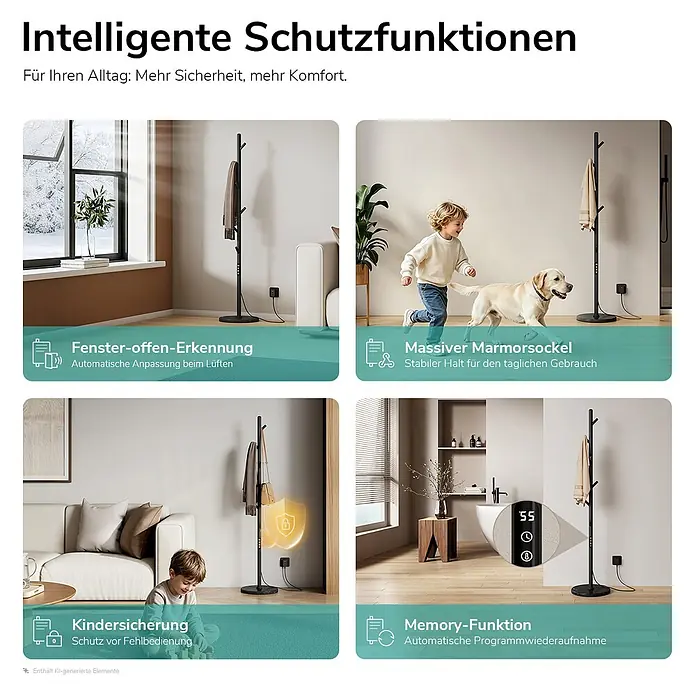 Elektro-Badheizkörper PHR 1500 × 320 × 320 mm Mattschwarz -  - Schwarzer smarter Garderobenständer mit massivem Marmorsockel, intelligenten Schutzfunktionen wie Fenster-offen-Erkennung, Kindersicherung und Speicher.