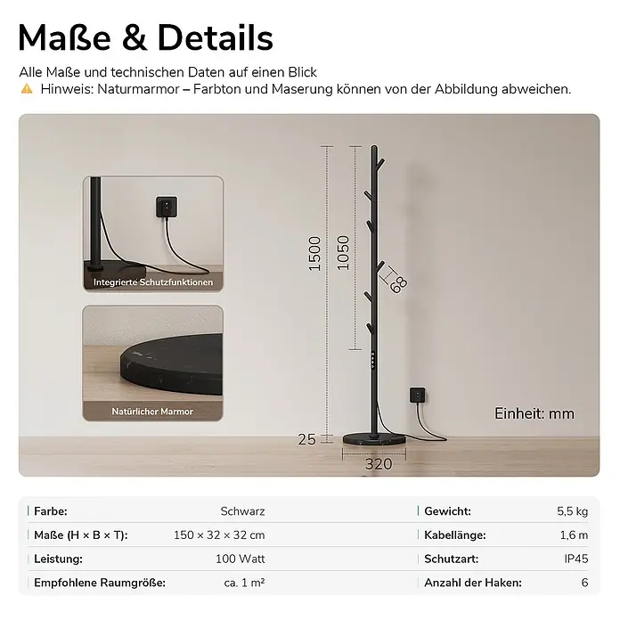 Elektro-Badheizkörper PHR 1500 × 320 × 320 mm Mattschwarz -  - Schwarze Stehleuchte mit mehreren Kleiderhaken, rundem Marmorsockel und integriertem Smart-Stecker.