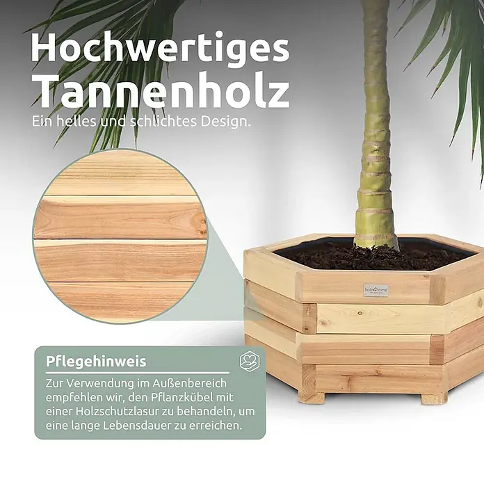 Holz4home Outdoor Pflanzenkübel 6-eckig Größe S -  - Heller sechseckiger Pflanzkübel aus Tannenholz mit einer Pflanze, schlichtes Design.