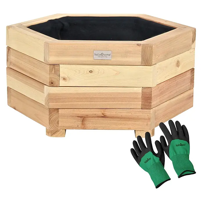 Holz4home Outdoor Pflanzenkübel 6-eckig Größe S -  - Sechseckiges Hochbeet aus Holz mit schwarzer Folie und grün-schwarzen Gartenhandschuhen.