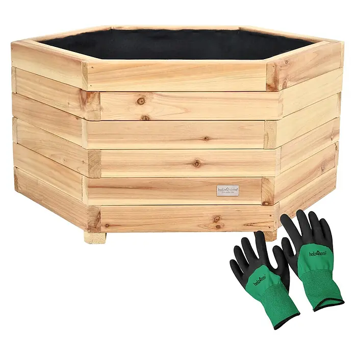 Holz4home Outdoor Pflanzenkübel 6-eckig Größe XL -  - Hexagonales Hochbeet aus Holz mit schwarzer Folie und ein Paar grün-schwarze Gartenhandschuhe.