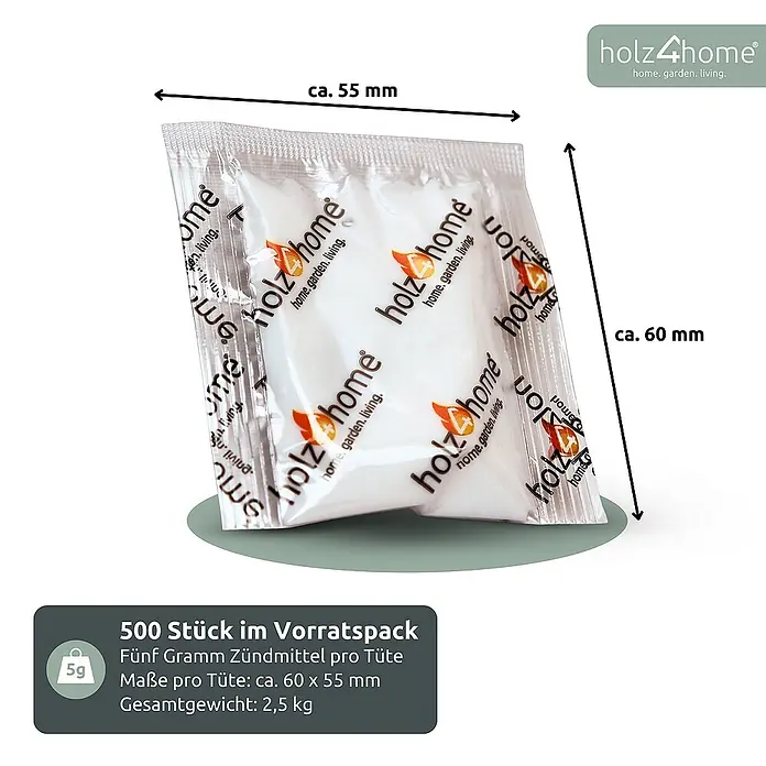 Anzündtüten 500 Stück mit Nachfüllrohr I Grillanzünder Kaminanzünder -  - Weiße holz4home Anzündbeutel, je 5g, ca. 60x55mm groß.