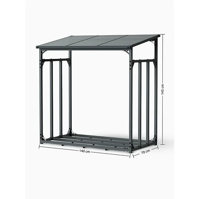 Kaminholzregal M Metall für Außen 1,4m³ 2SRM Anthrazit inkl. Ofenhandschuh -  - Dunkelgrauer Metall-Kaminholzunterstand mit transluzentem Dach, zur Lagerung von Brennholz im Freien.