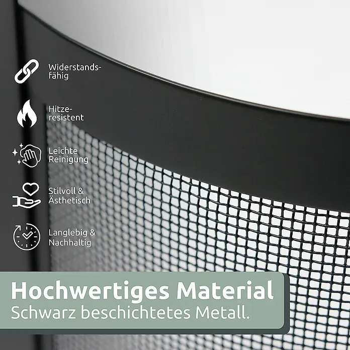 6tlg. Kaminbesteck Schwarz mit Holzgriff inkl. Ofenhandschuh -  - Nahaufnahme eines schwarz beschichteten Metallgitters, das seine hitzebeständigen und langlebigen Eigenschaften hervorhebt.