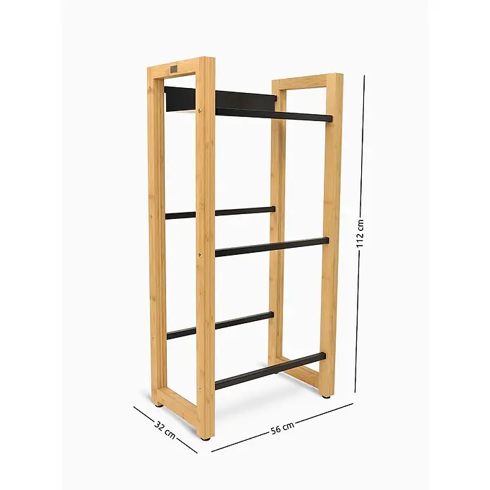 Getränkekistenregal Bambus - 3 Kisten -  - Freistehendes Regal aus hellem Bambus und schwarzem Metall mit mehreren Stangen, 112x56x32 cm (HxBxT).