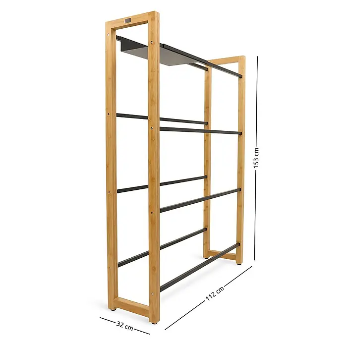 Getränkekistenregal Bambus - 8 Kisten -  - Wäscheständer aus Bambus und schwarzem Metall mit mehreren Stangen und Ablage, 153 cm hoch, 112 cm breit.