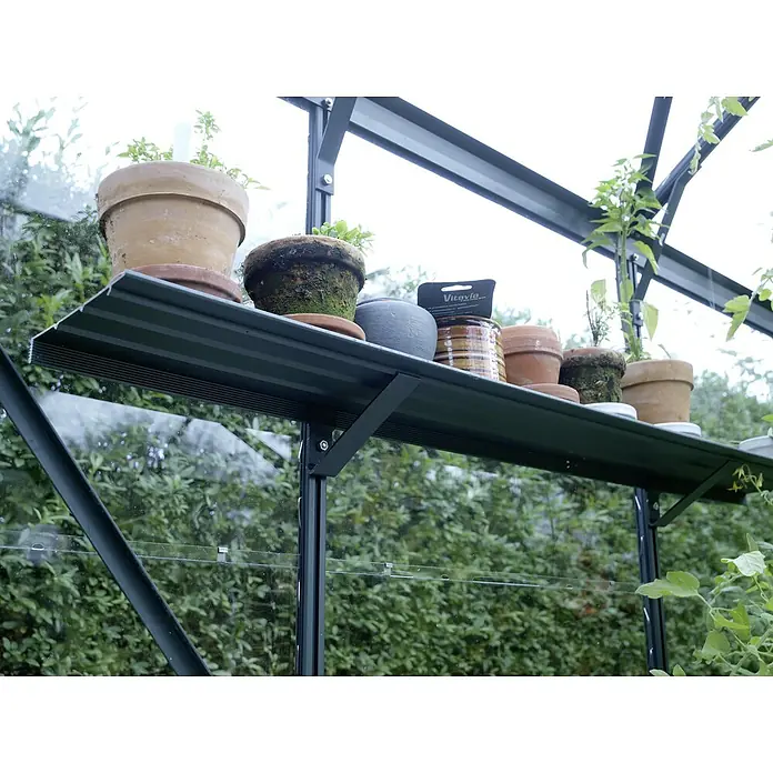 Vitavia Gewächshaus-Regal - Breite: 122 cm, Smaragd - Nahaufnahme eines Gewächshauses mit einem Regal voller Tontöpfe, die verschiedene Pflanzen beherbergen, die in diesem Innenraum kultiviert werden.