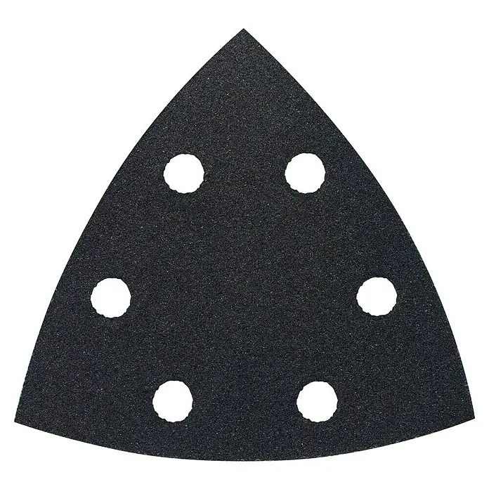 Craftomat Papel de lija Delta - An x L: 93 x 93 mm, Grano: 320 mm, 5 ud., Metal - Papel de lija triangular con agujeros para lijadoras, ideal para trabajos de superficie fina y lijado preciso.