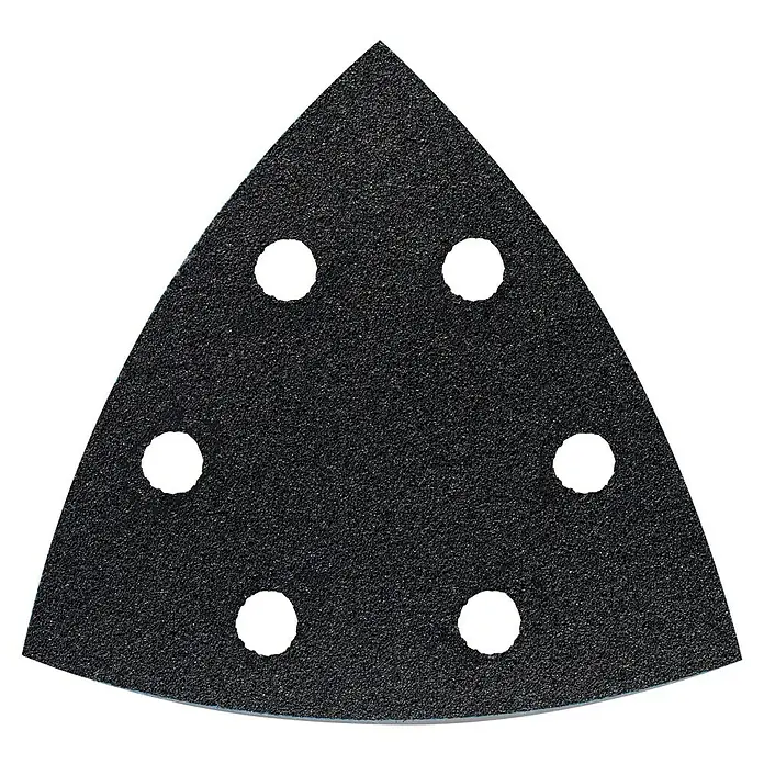 Craftomat Papel de lija Delta - An x L: 93 x 93 mm, Grano: 120 mm, 5 ud., Metal - Papel de lija triangular con agujeros para una extracción de polvo eficaz al lijar superficies. Ideal para trabajos de detalle.