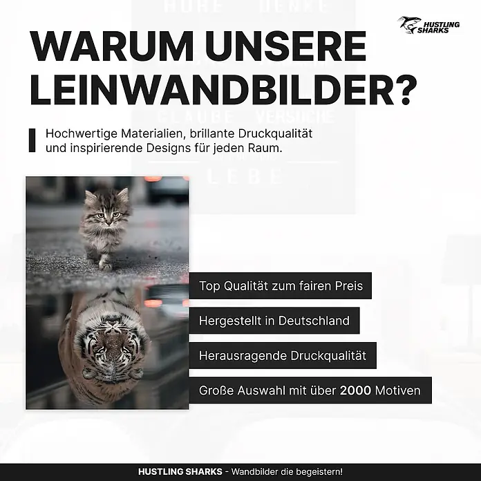 Hustling Sharks Leinwandbild Cat Reflection, B x H: 100 x 150 cm -  - Werbeanzeige für Leinwandbilder mit Kätzchen, dessen Spiegelbild ein Tiger ist, unterstreicht hohe Qualität & große Motivauswahl.