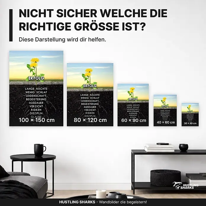 Hustling Sharks Leinwandbild Löwenzahn des Erfolgs, B x H: 40 x 60 cm -  - Fünf gerahmte Dandelion-Kunstdrucke mit motivierendem Text, in verschiedenen Größen zum Größenvergleich in einem Raum.