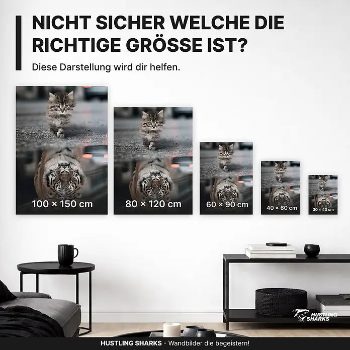 Hustling Sharks Leinwandbild Cat Reflection, B x H: 100 x 150 cm -  - Fünf gerahmte Wandbilder mit Kätzchen-Motiv in verschiedenen Größen (30x40 bis 100x150 cm) zur Größenveranschaulichung an einer Wand.