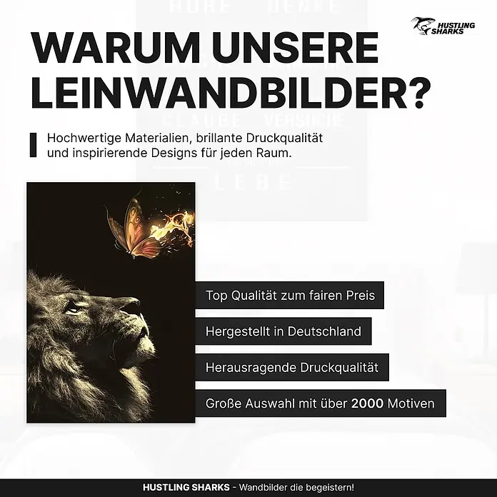 Hustling Sharks Leinwandbild Observe, B x H: 80 x 120 cm -  - Werbung für Leinwandbilder: Löwe blickt auf leuchtenden Schmetterling. Betont Qualität und Auswahl.