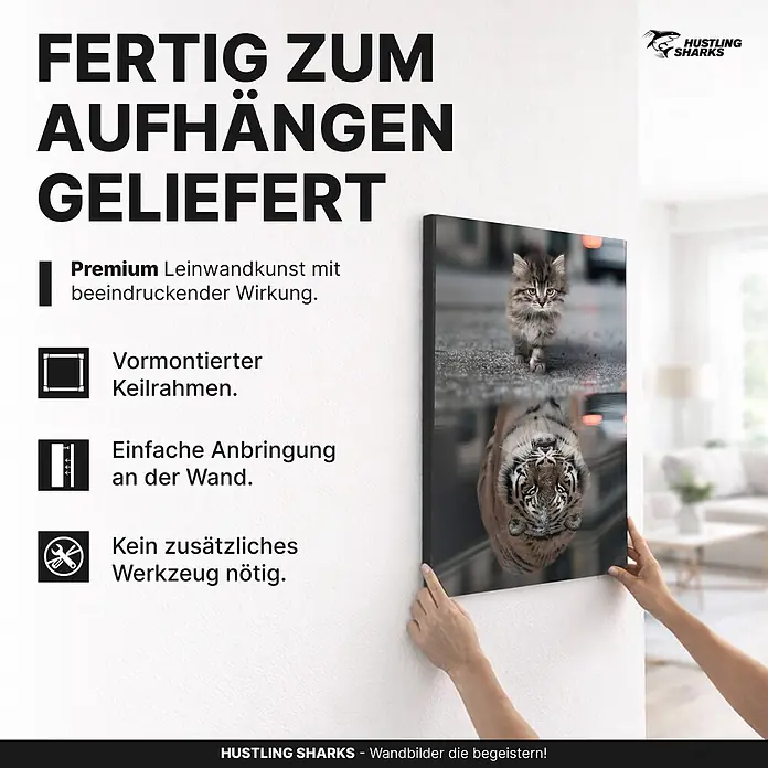 Hustling Sharks Leinwandbild Cat Reflection, B x H: 100 x 150 cm -  - Premium Leinwandbild mit Kätzchen- und Tiger-Motiv, vormontiert und fertig zum einfachen Aufhängen an der Wand.