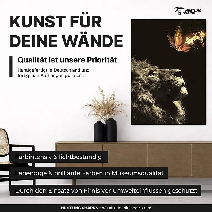 Hustling Sharks Leinwandbild Observe, B x H: 80 x 120 cm -  - Hochwertiges Wandbild Löwe und Schmetterling. Handgefertigt in Deutschland, farbintensiv, lichtbeständig, Museumsqualität, mit Firnis geschützt.