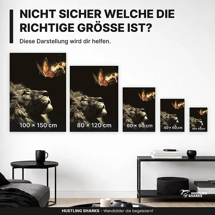 Hustling Sharks Leinwandbild Observe, B x H: 80 x 120 cm -  - Fünf gerahmte Leinwände mit Löwe und Schmetterling, in verschiedenen Größen zur Veranschaulichung der Maßstäbe.