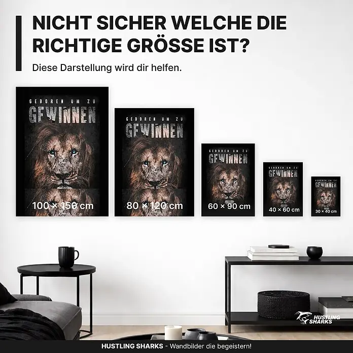 Hustling Sharks Leinwandbild Geboren zum Gewinnen, B x H: 100 x 150 cm -  - Gerahmte Poster mit Löwenmotiv, dargestellt in verschiedenen Größen zur Veranschaulichung der Dimensionen in einem Raum.