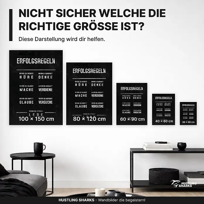 Hustling Sharks Leinwandbild Erfolgsregeln, B x H: 30 x 40 cm -  - HUSTLING SHARKS motivierende gerahmte Wandbilder in Schwarz-Weiß, in verschiedenen Größen (von 100x150cm bis 30x40cm) zur Größenveranschaulichung im Wohnzimmer.