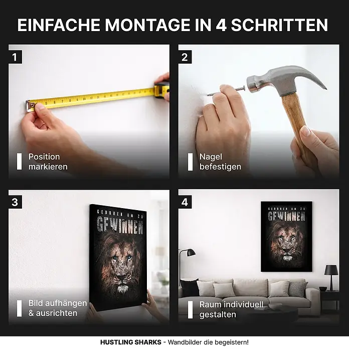 Hustling Sharks Leinwandbild Geboren zum Gewinnen, B x H: 100 x 150 cm -  - Anleitung zum Aufhängen eines Wandbildes in 4 Schritten: Position markieren, Nagel befestigen, Bild aufhängen und Raum gestalten.