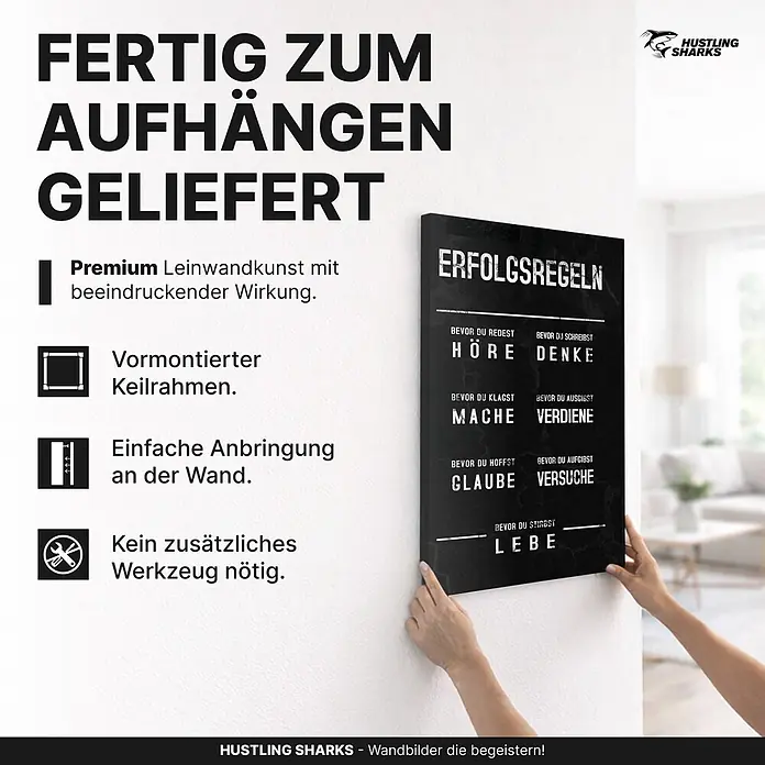 Hustling Sharks Leinwandbild Erfolgsregeln, B x H: 30 x 40 cm -  - Schwarzes Leinwandbild mit weißen Erfolgsregeln wird aufgehängt. Es zeigt einen vormontierten Keilrahmen.