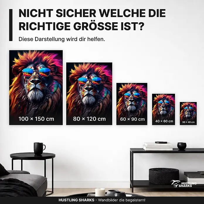 Hustling Sharks Leinwandbild Lion Cool, B x H: 30 x 40 cm -  - Fünf farbenfrohe Löwen-Wandbilder mit Sonnenbrille, in verschiedenen Größen an einer Wohnzimmerwand zur Größenveranschaulichung.