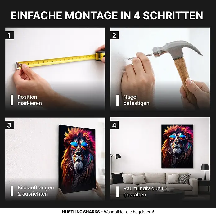 Hustling Sharks Leinwandbild Lion Cool, B x H: 30 x 40 cm -  - Anleitung in 4 Schritten zur einfachen Montage von Wandbildern, gezeigt mit einem Löwen-Leinwandbild in einem Wohnzimmer.