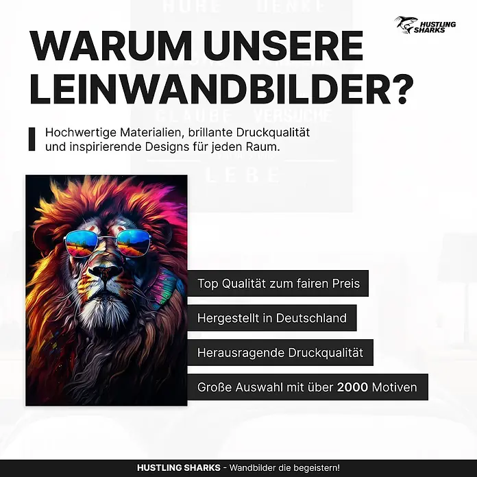 Hustling Sharks Leinwandbild Lion Cool, B x H: 30 x 40 cm -  - Ein lebendiges Leinwandbild eines Löwen mit Sonnenbrille, beworben für hochwertige Materialien, brillante Druckqualität und inspirierende Designs.