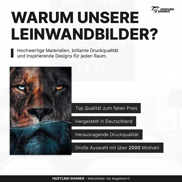 Hustling Sharks Leinwandbild Underwater Lion, B x H: 80 x 120 cm -  - Werbegrafik für Leinwandbilder: Zeigt ein markantes Löwenbild mit kontrastierenden Augen, halb unter Wasser, hervorhebend Druckqualität und Design.