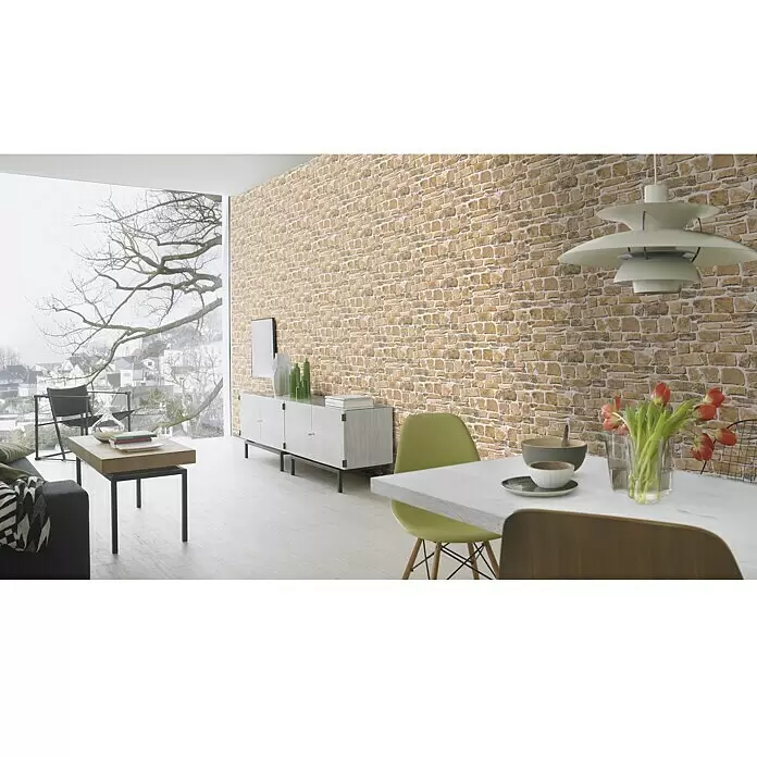 Rasch Papiertapete - Beige/Creme, Steinoptik, 10,05 x 0,53 m - Stimmungsaufnahme