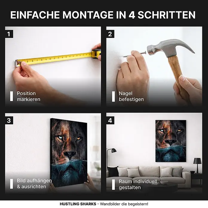 Hustling Sharks Leinwandbild Underwater Lion, B x H: 80 x 120 cm -  - Vier-Schritte-Anleitung zur einfachen Montage eines Wandbildes, gezeigt in einem Wohnzimmer.