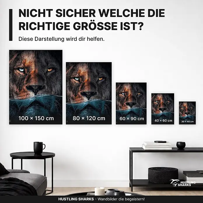 Hustling Sharks Leinwandbild Underwater Lion, B x H: 80 x 120 cm -  - Fünf gerahmte Wandbilder mit Löwenmotiv, von 100x150cm bis 30x40cm, zur Veranschaulichung der Größen in einem Wohnraum arrangiert.