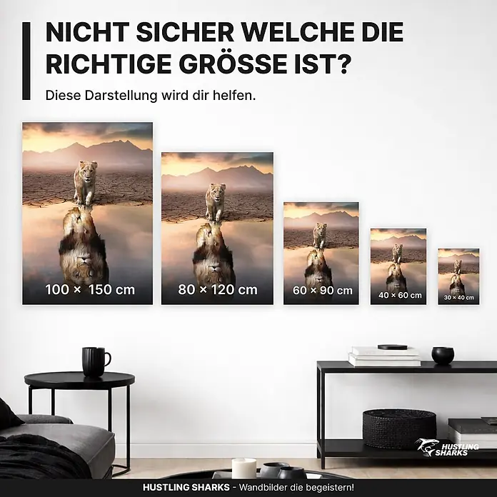 Hustling Sharks Leinwandbild Lion Reflection, B x H: 100 x 150 cm -  - Fünf gerahmte Wandbilder mit Löwenjunges und Löwenreflexion, in verschiedenen Größen von 30x40 cm bis 100x150 cm als Größenübersicht dargestellt.